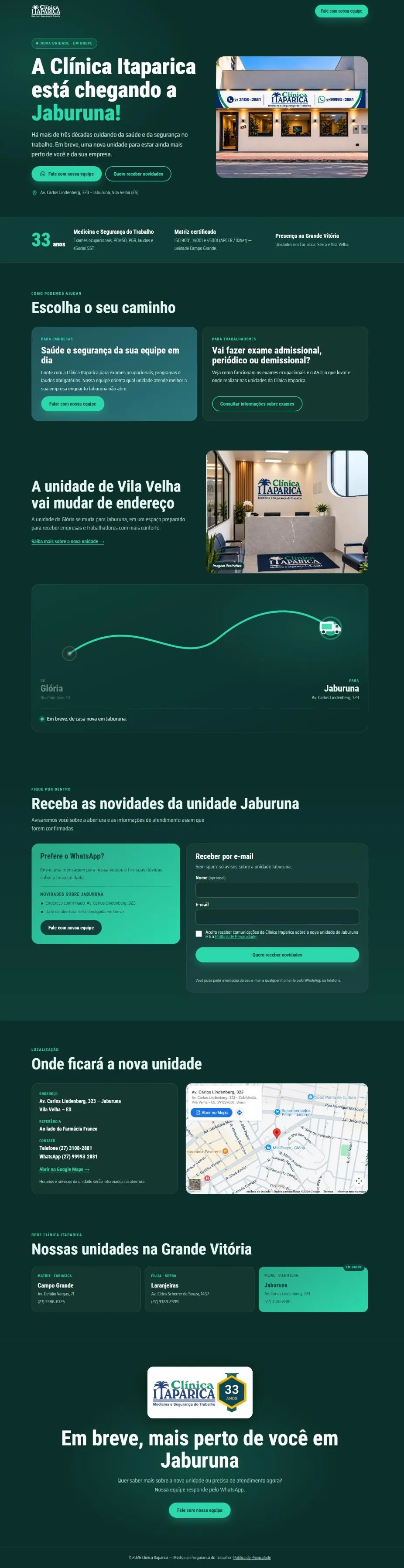 Página da unidade Jaburuna da Clínica Itaparica, do topo ao rodapé: anúncio da nova unidade, caminhos para empresas e trabalhadores, mudança de endereço, cadastro de novidades, mapa e unidades na Grande Vitória.